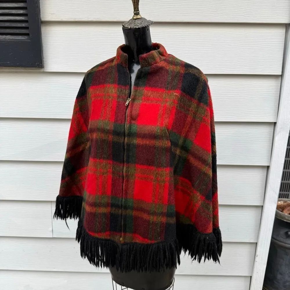 Vintage 1970s Red Tartan Fringe Cape Jacket